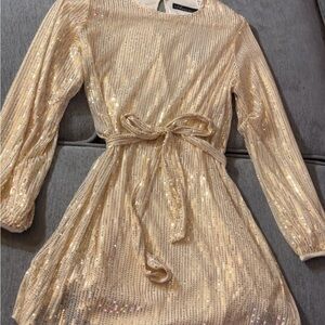 Long Sleeve Sequin Belted Dress in Gold